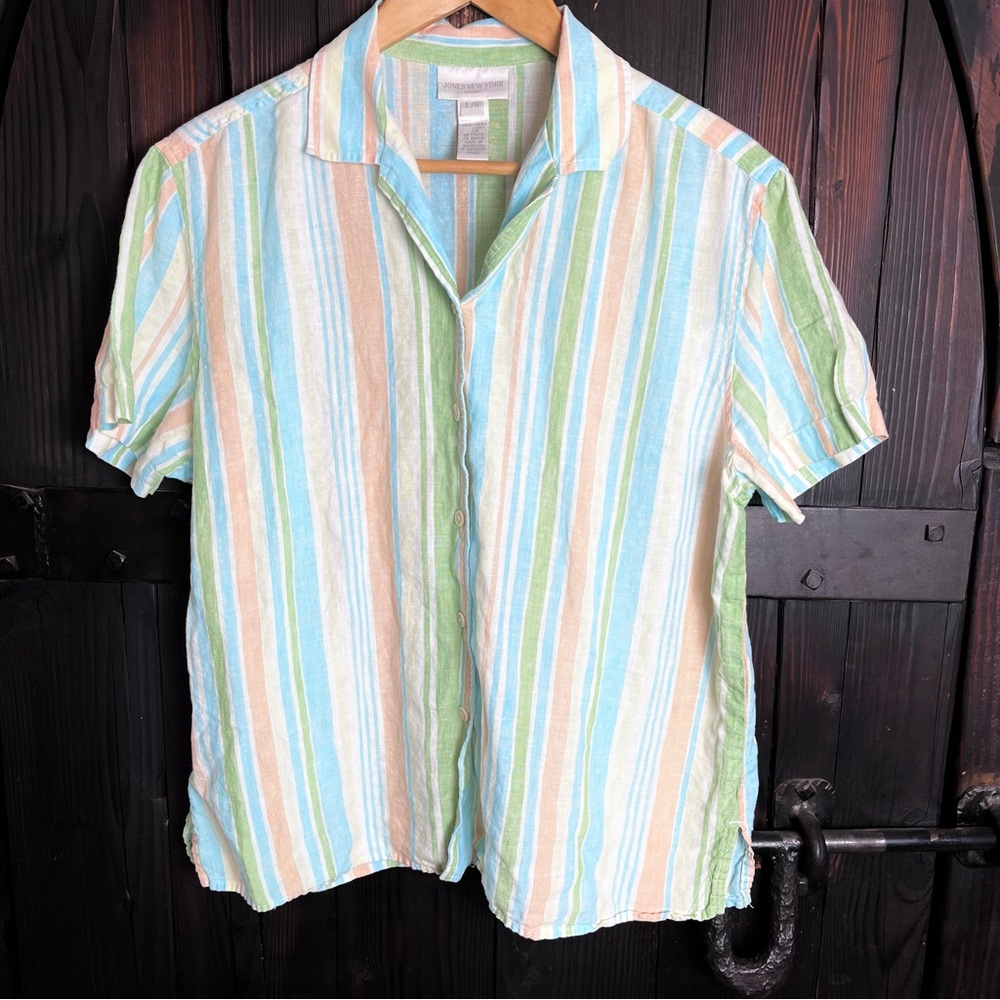 Linen Striped Short-Sleeve Button-Up Shirt - Light Blue & Green